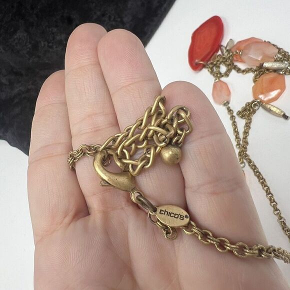 Chico's Necklace Long Line 35+" Adjustable Chain Classic Gold Tone Red & Orange - Picture 3 of 4